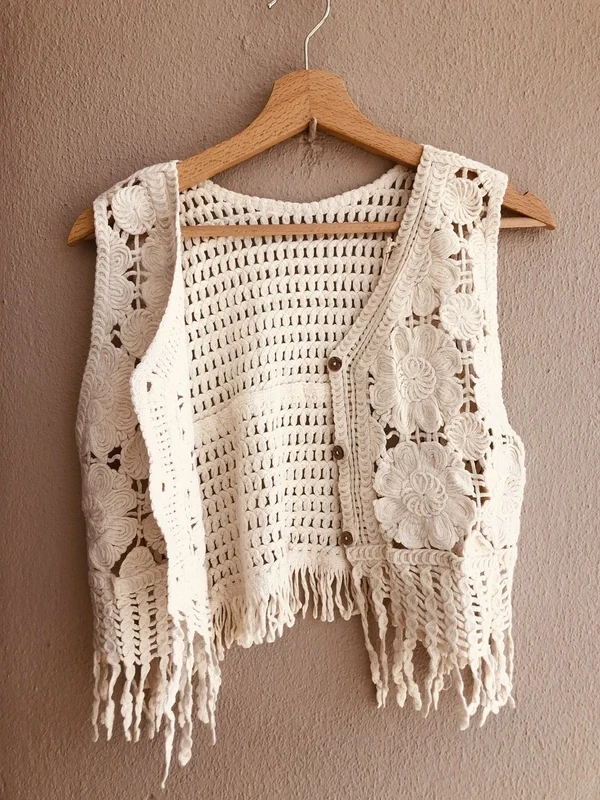 Colete em crochet boho com franjas – Novo em Branco creme – photo 6
